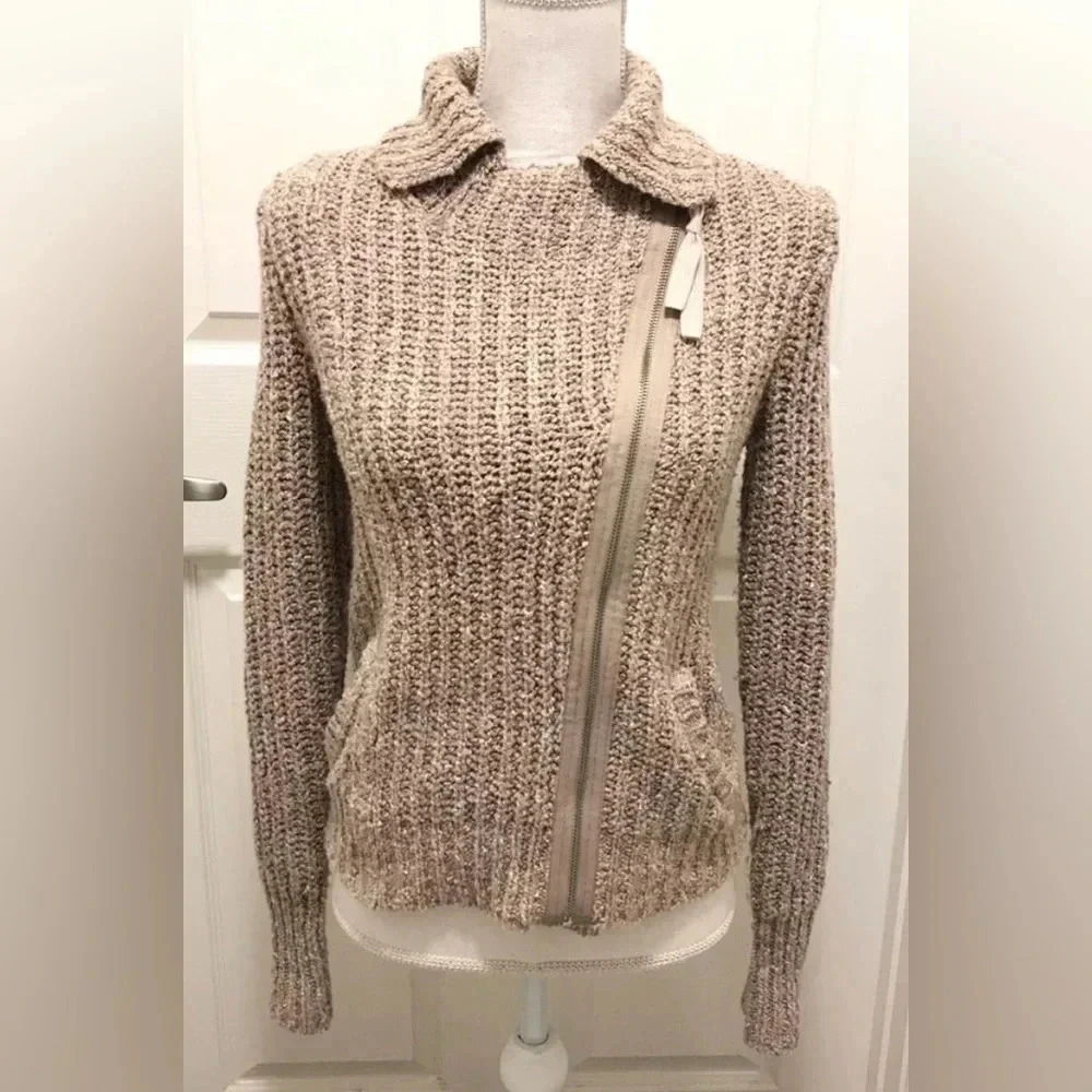 Free People Asymmetrical zip up knit sweater taupe size XS - Picture 2 of 9